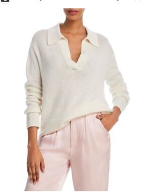 Aqua Cashmere Ivory Polo Sweater L Collared Soft Knit Quiet Luxury